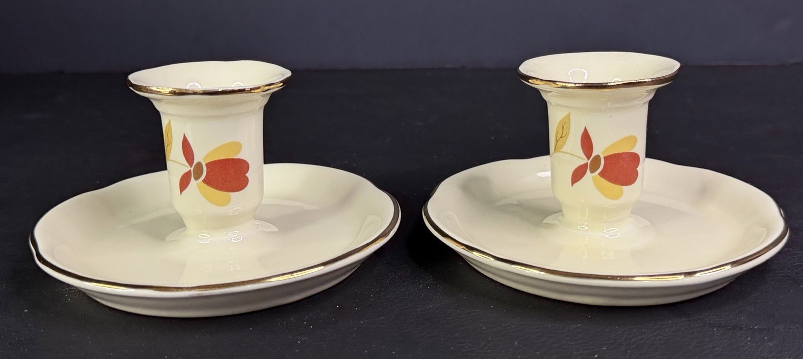 Pair Jewel Tea Hall Autumn Leaf Club Handled Candle Holders 1988
