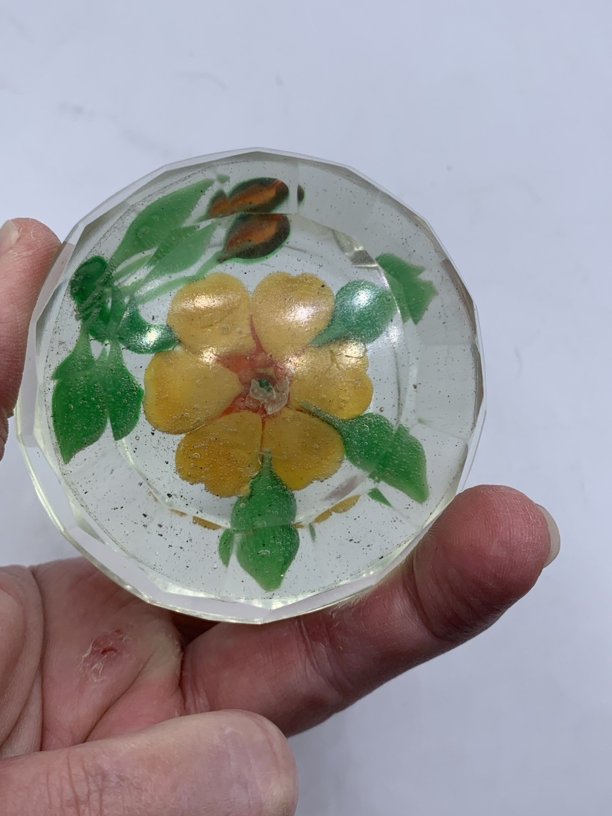 Early Chinese Faceted Glass Paperweight Etched Yellow Flowers 3″ c1920s-40s