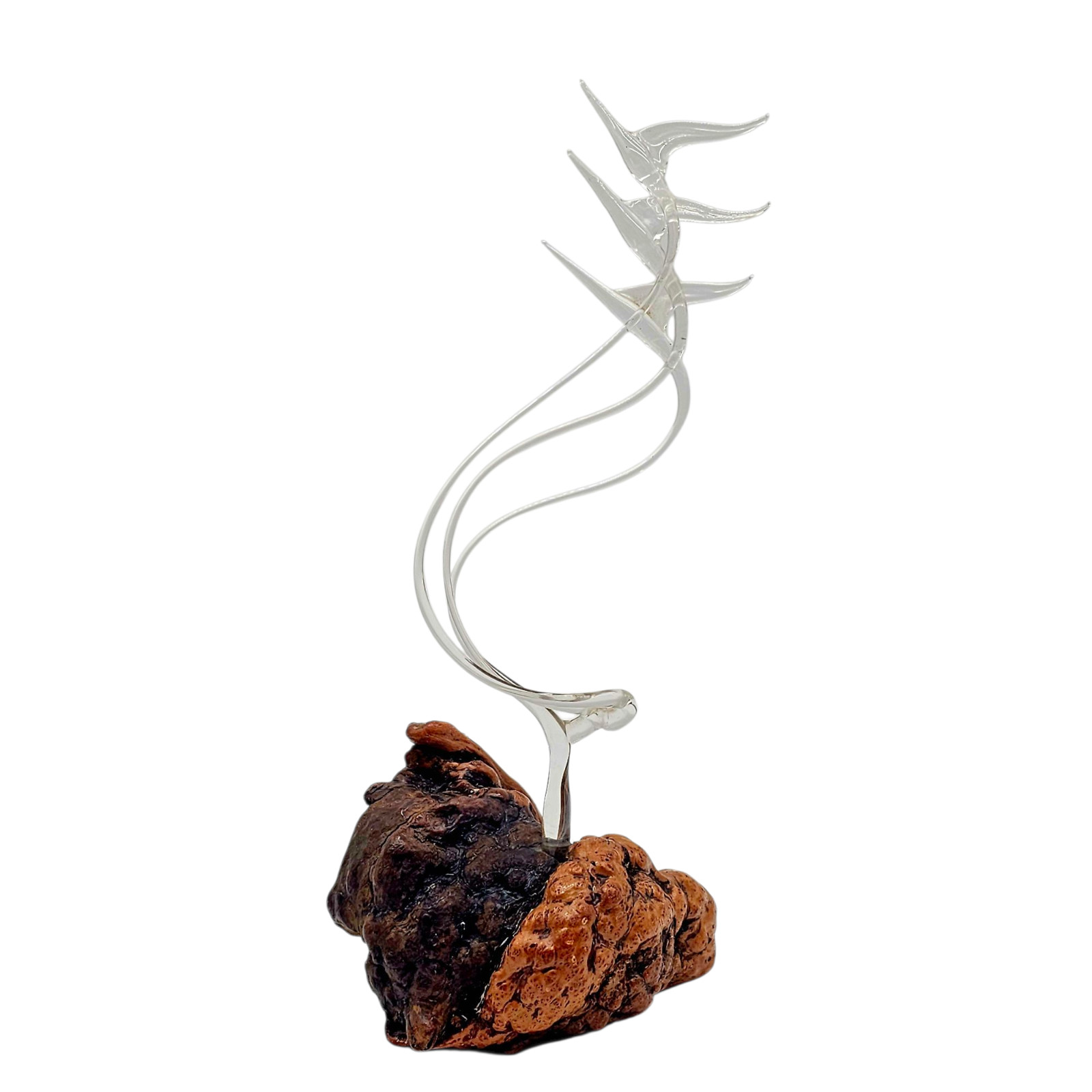 1970’s Minimalist Lamp Work Cranes Bird Sculpture on Burl Wood Base 14.25”