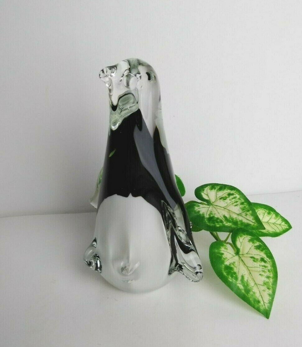 Vintage Murano Glass PENGUIN Black White & Clear Glass 5.5″ Tall 4″ wide