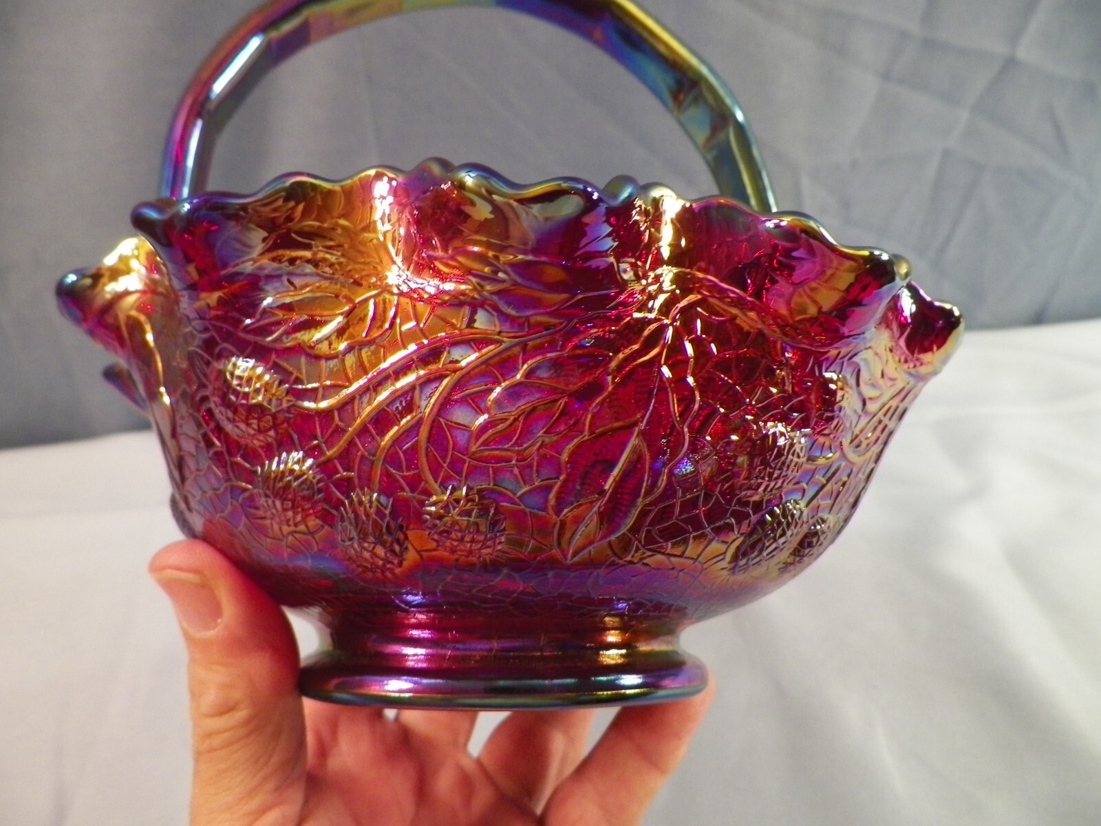 Fenton Red Carnival Glass Persian Medallion Basket 7 1/4″ Tall