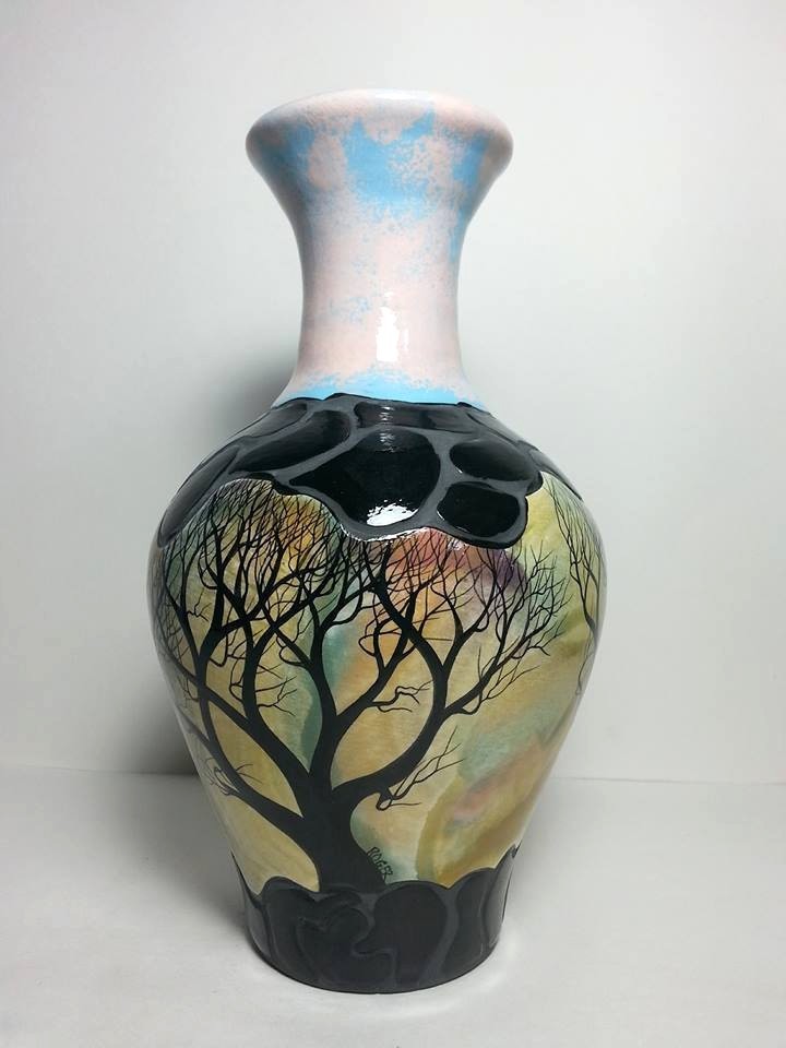 VINTAGE ORIGINAL ABSTRACT CERAMIC VASE SIGNED by ROGER,TREE SILHOUETTES 8″ TALL