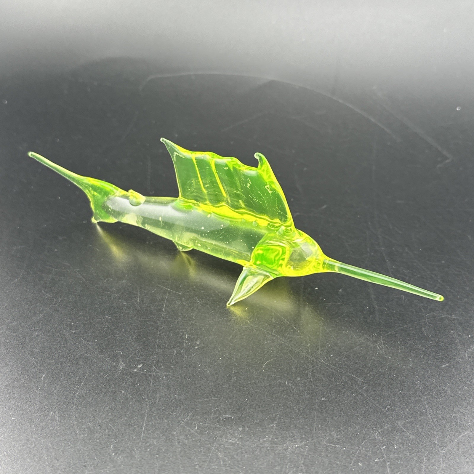 Handblown Uranium Glass Art Sail Fish Figurine UV Reactive Green Ion Boro Glows!