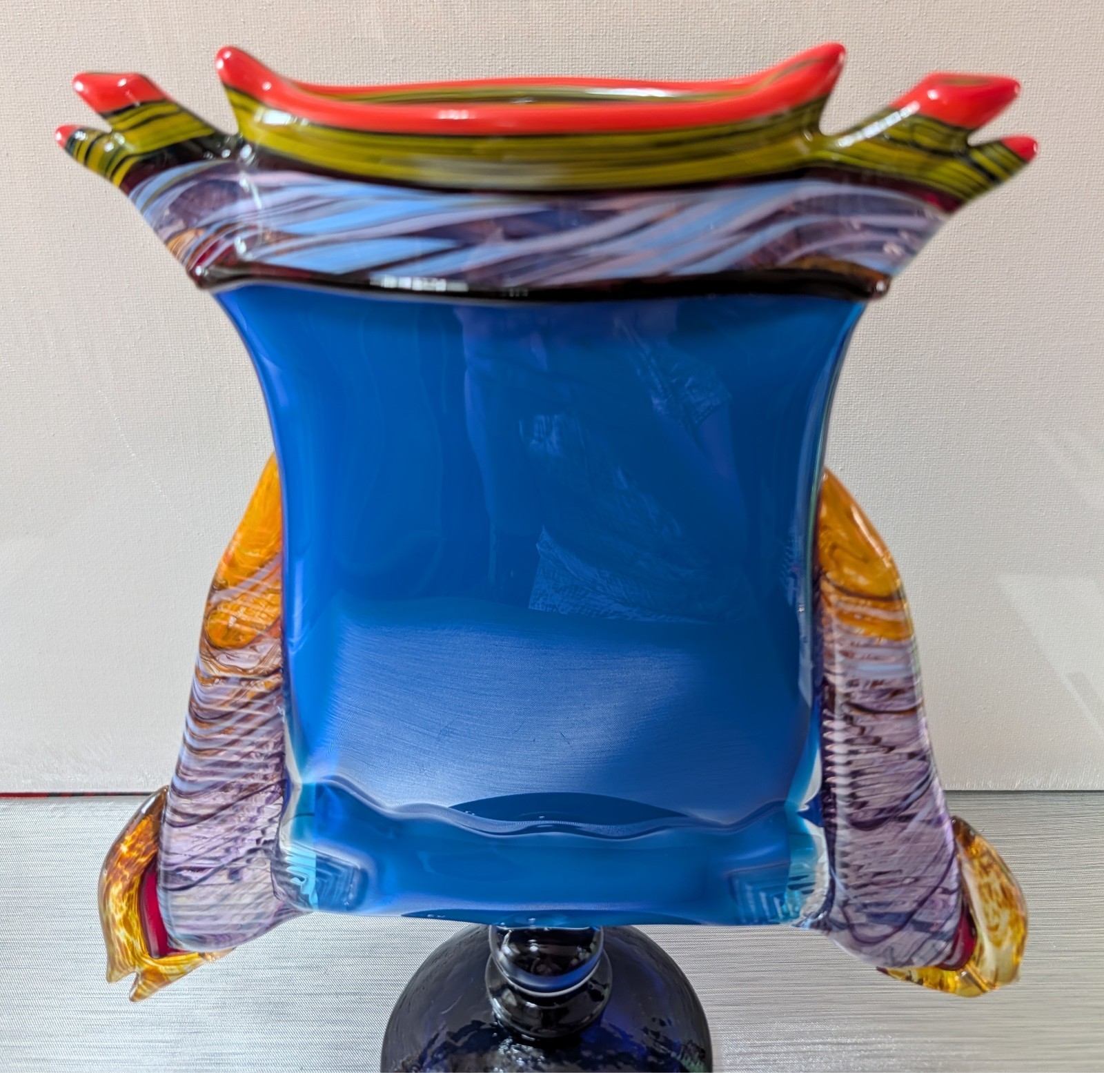 Large Peter Secrest Signed Art Glass Pedestal Vase: 10.25″, Memphis Style, 1997