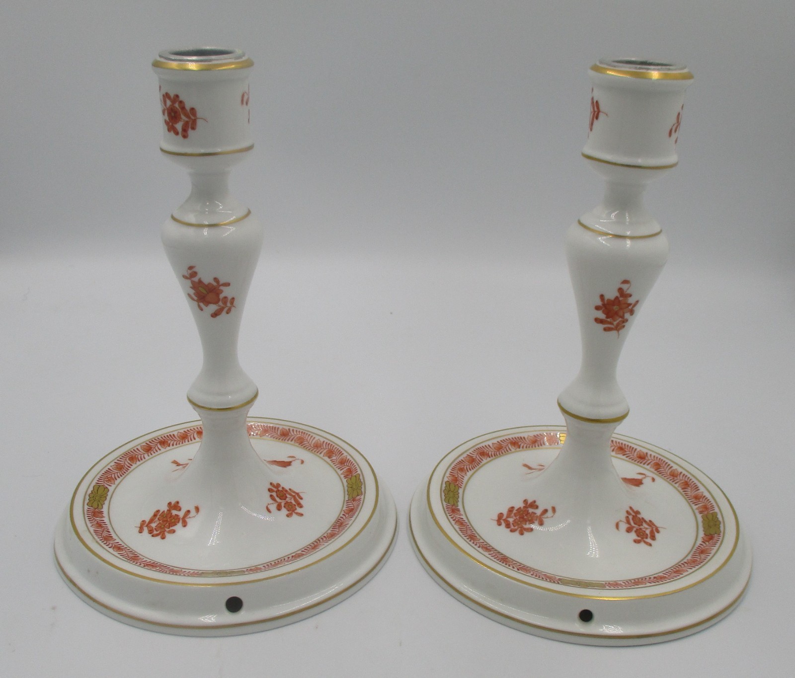 Pair Herend Chinese Bouquet Rust Candlesticks with Two Different Arm Styles