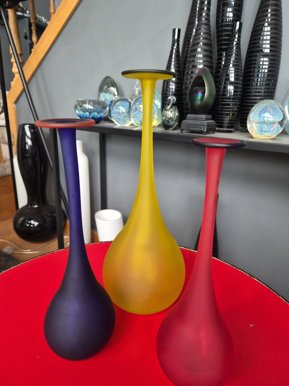3 Carlo Moretti Satinato MCM Vases, One Red and One Yellow One Blue