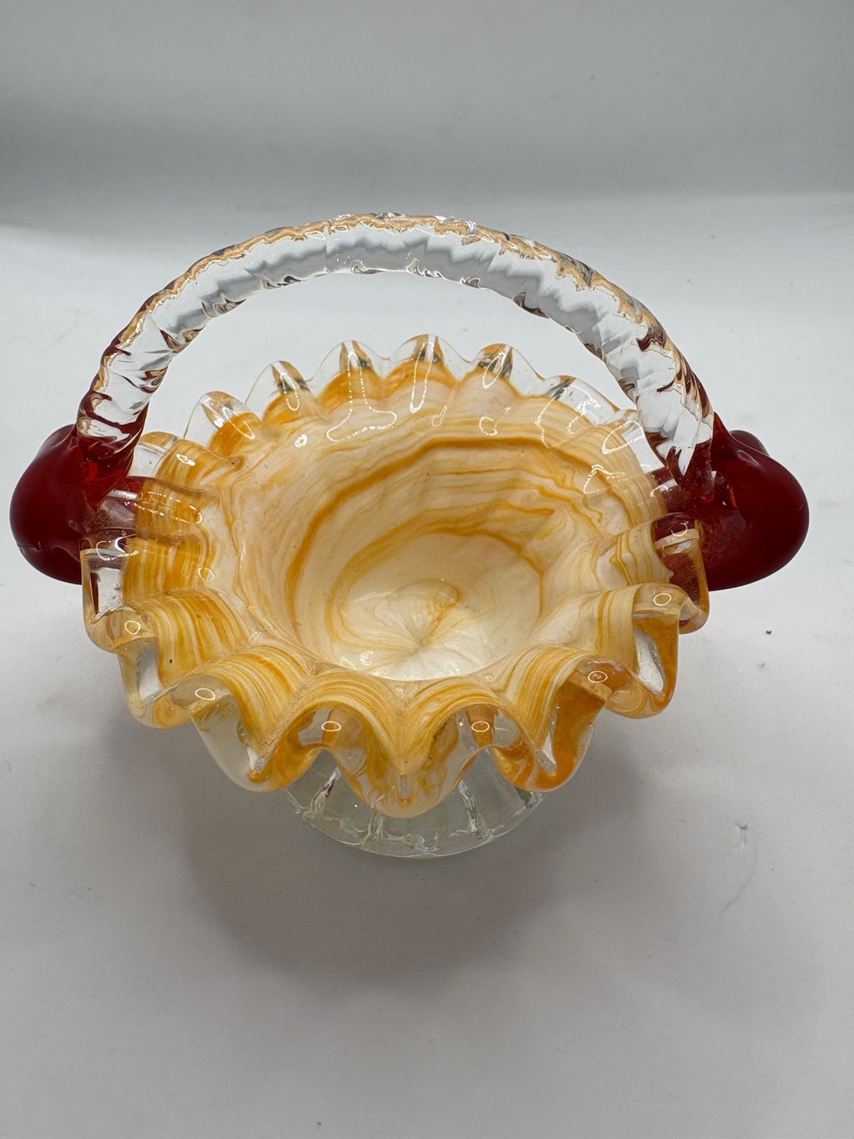 Miniature Glass Basket Orange And Yellow Marbled Art Glass With Ruffled Rim VTG
