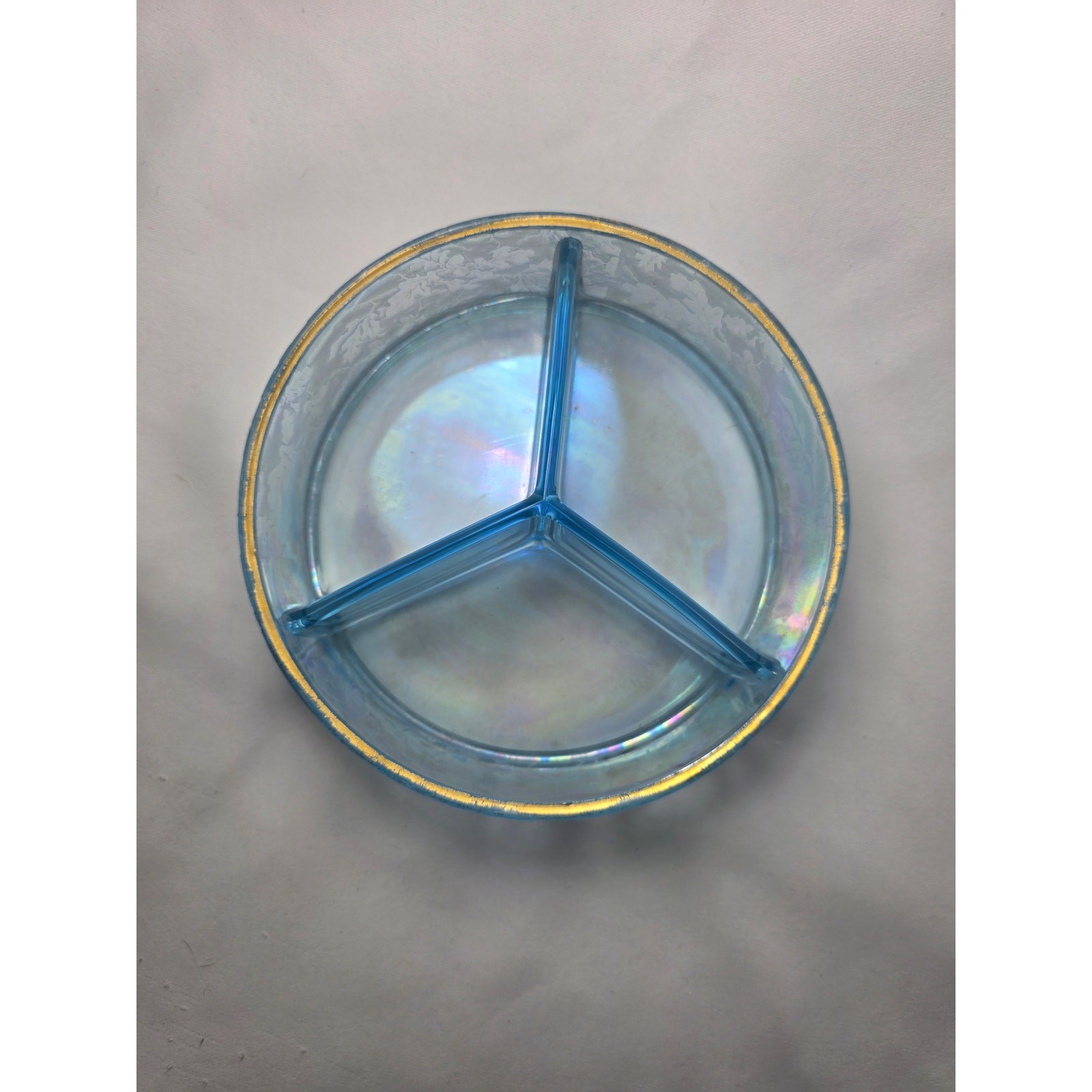 Antique Fostoria OakwoodBlue Iridescent Etched Acorn Covered Divided Dish W/ Lid