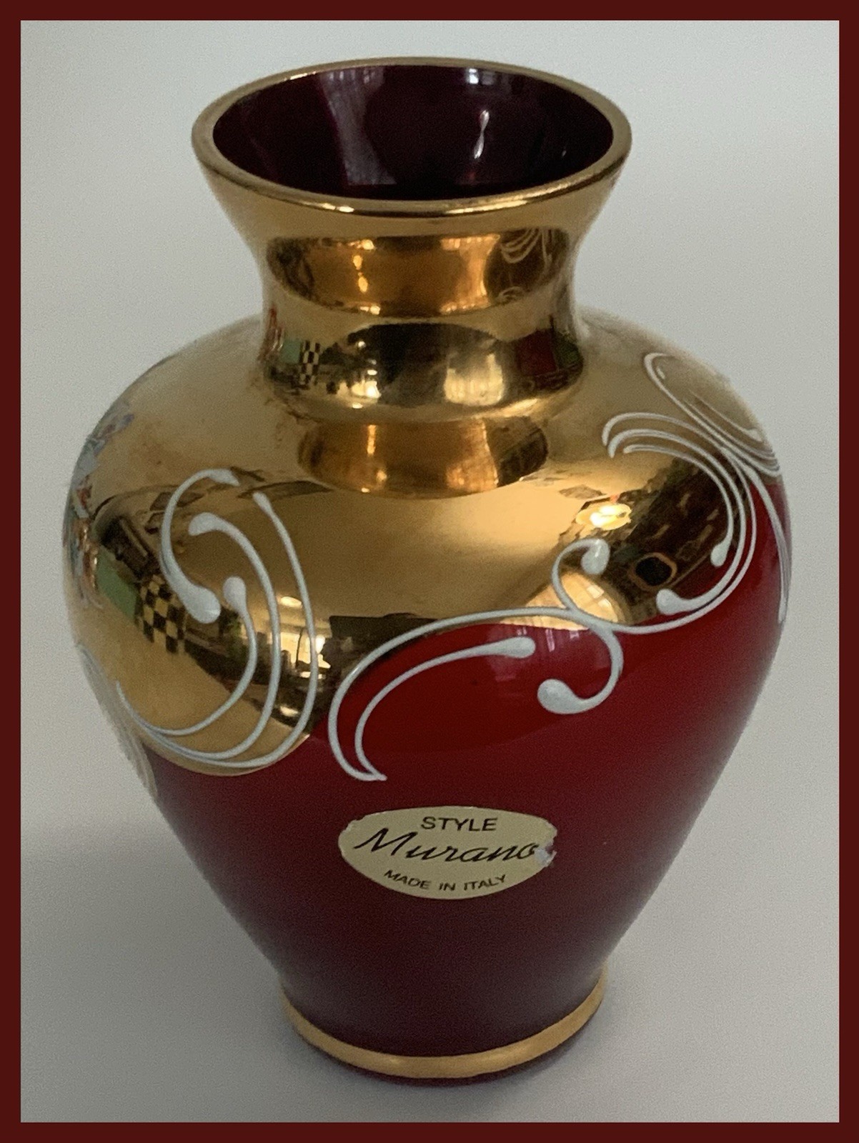 Vtg Murano Style Handpainted 5” Floral/Red/Gold Vase – Made In Italy – Beautiful