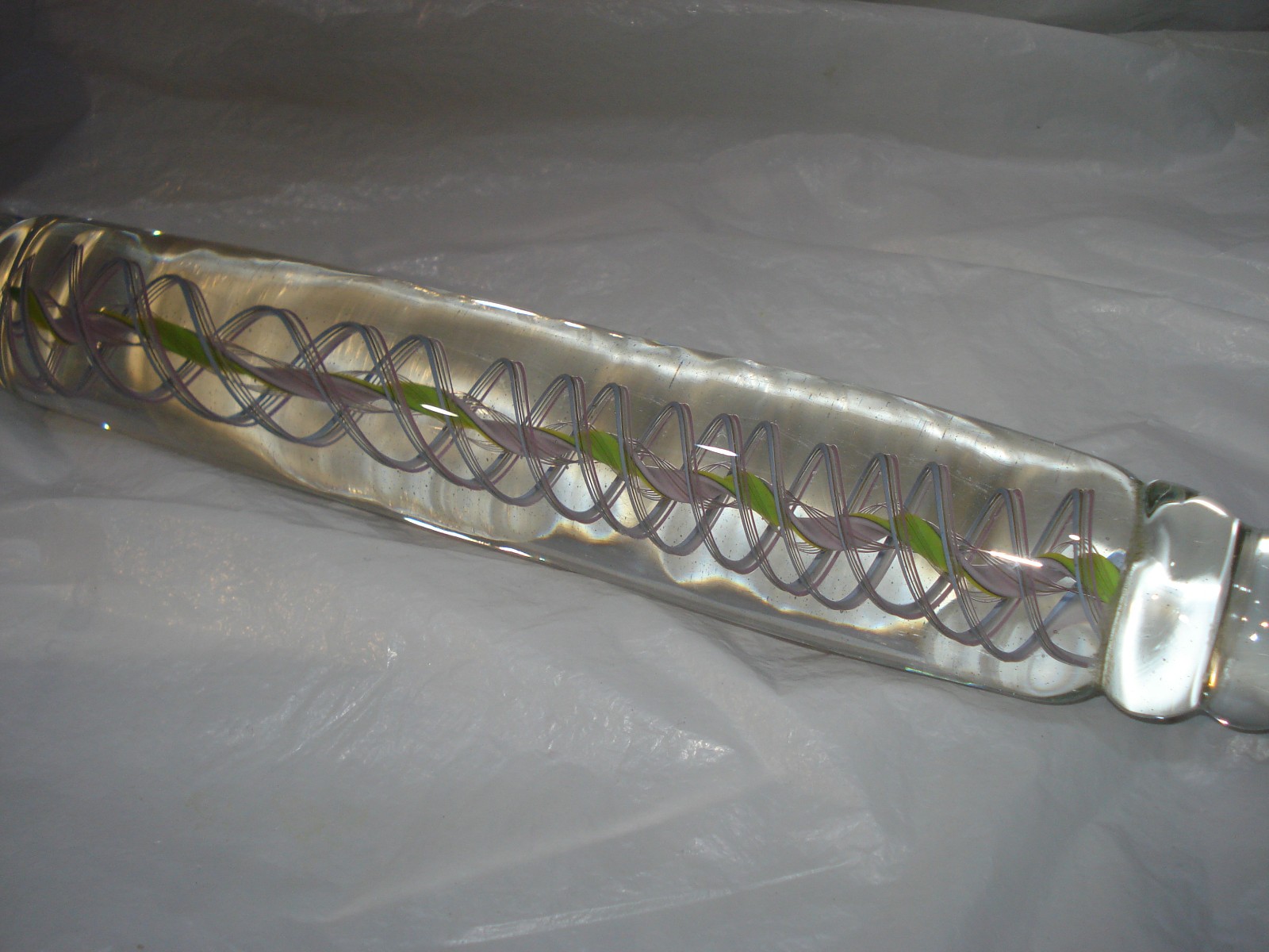 Vintage 1985 Signed J FINE Ribbon Art Glass Paperweight Swirl Rolling Pin 15.75″