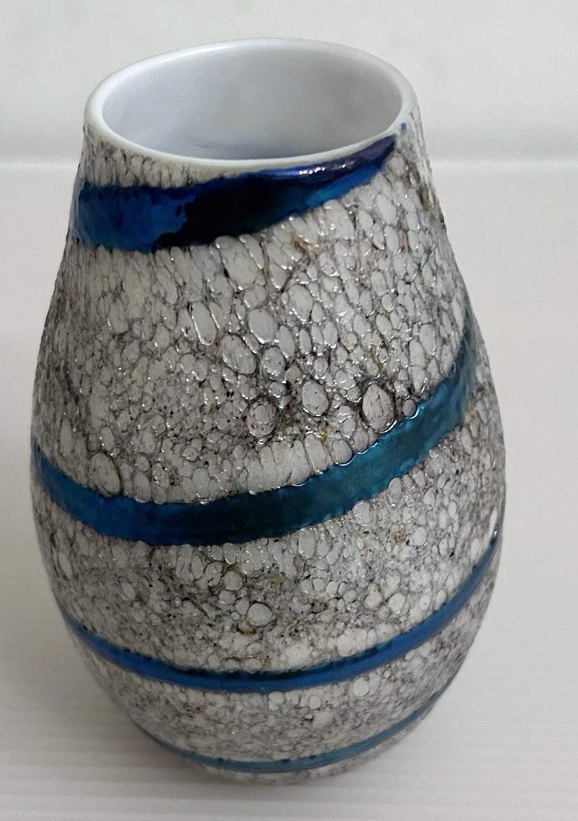 Rare 1977 Charles Lotton Blue Iridescent Molten Lava Cypriot Art Glass Vase Sign