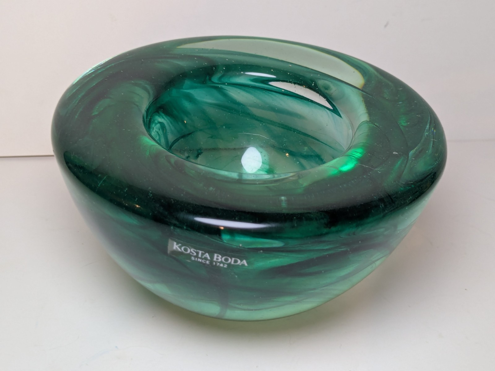 Kosta Boda Green Swirl Glass Candle Votive Holder