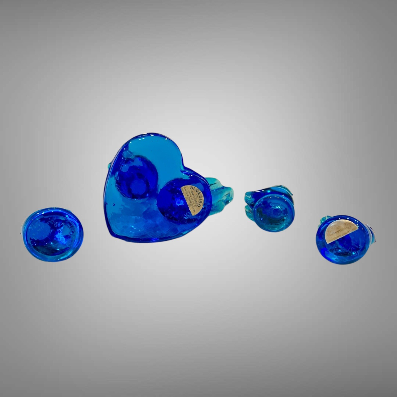 Lot Of 4Signed Leo Ward Blue Glass Blue Birds of Happiness 1989, 1991, 1993,1996
