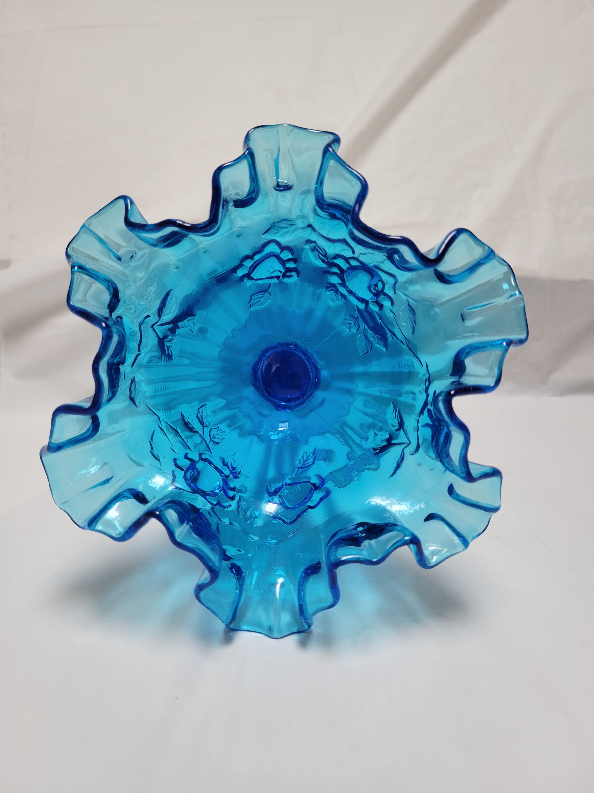 Fenton Blue Ruffled Colonial Pedestal Candy Dish – 6 1/2 Inches Tall