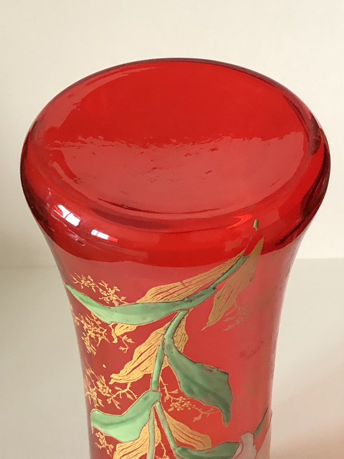 Antique Mont Joye Legras Art Glass Vase Easter LILY Heavy Hand Painted Enamel