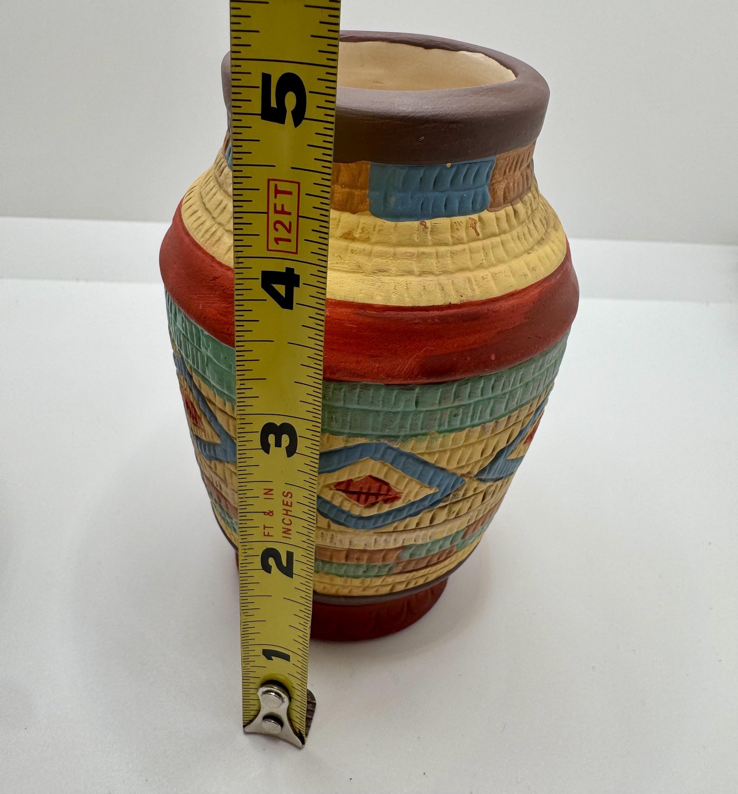 Southwestern Multicolor Geometric Terracotta Ceramic Vase Pair Hand Painted