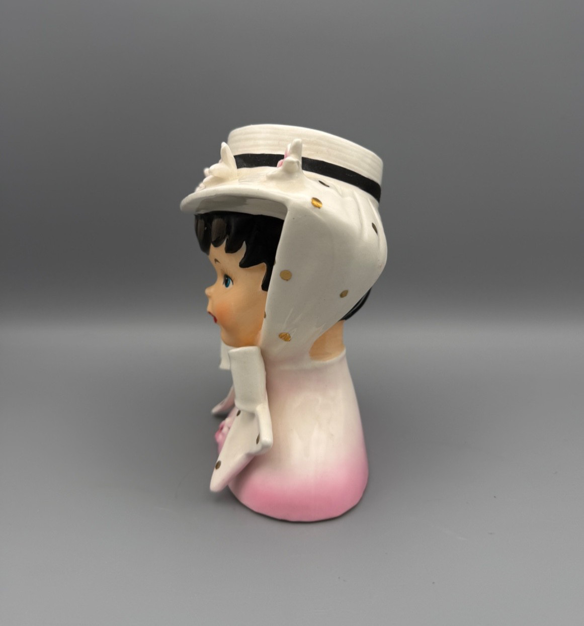 VINTAGE 1950s Relpo Pink & White Little Miss Head Vase w/ Flowers K1096