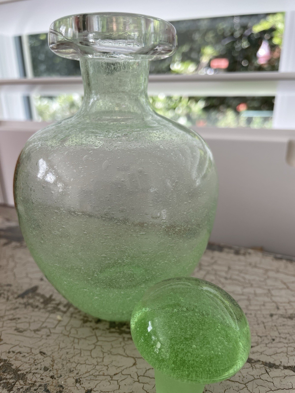 Unique Vintage Empoli Murano Pulegoso Green Seeded Bubble Glass Jar Bottle Top