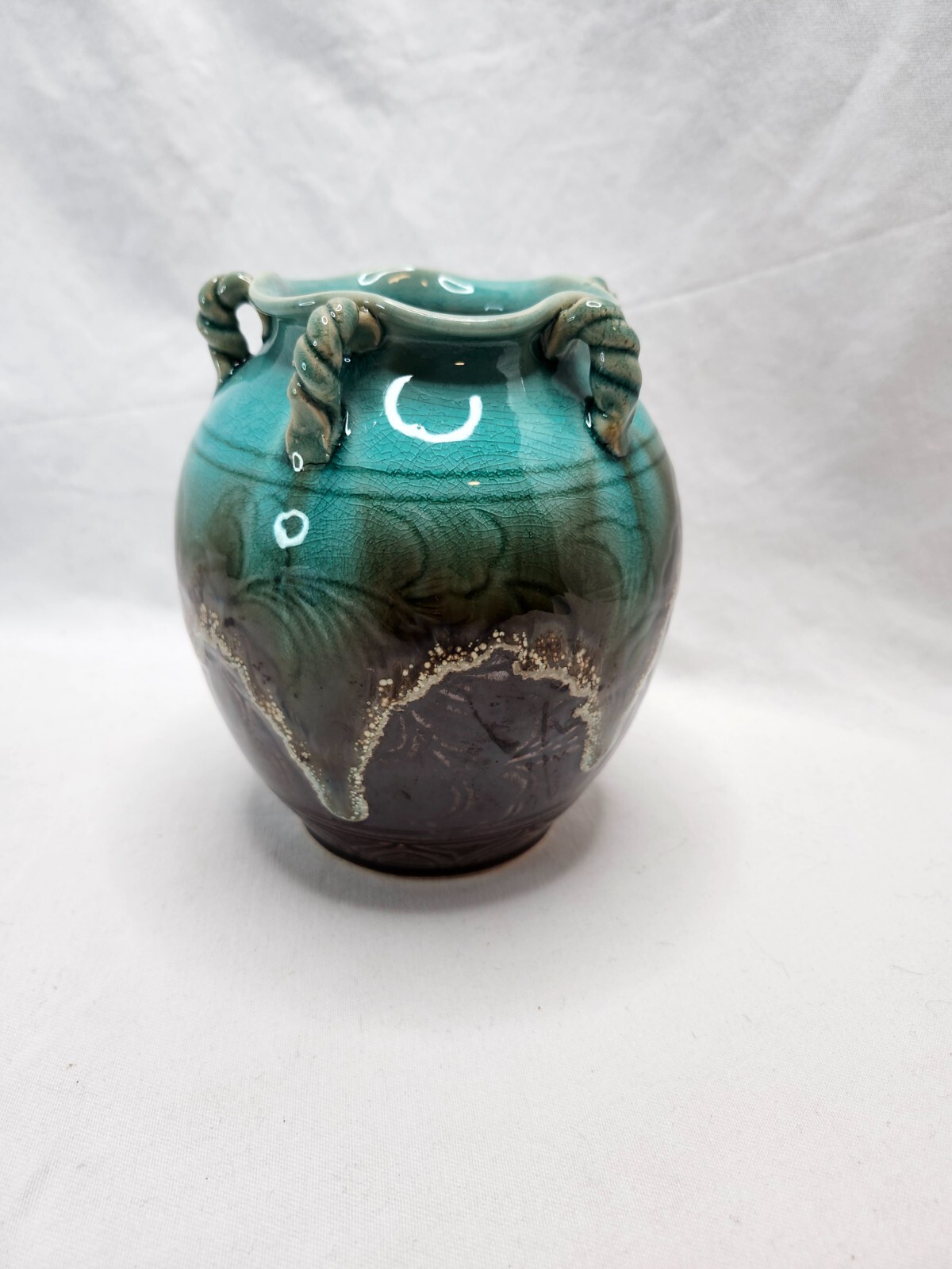 Hand Made Painted Pottery Celedon Green Drip Vase w/Embossed Design and Handles