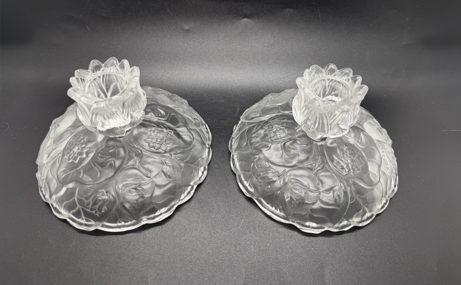Vintage Fenton Frosted Clear Water Lily Glass Candle Stick Holders Set of 2