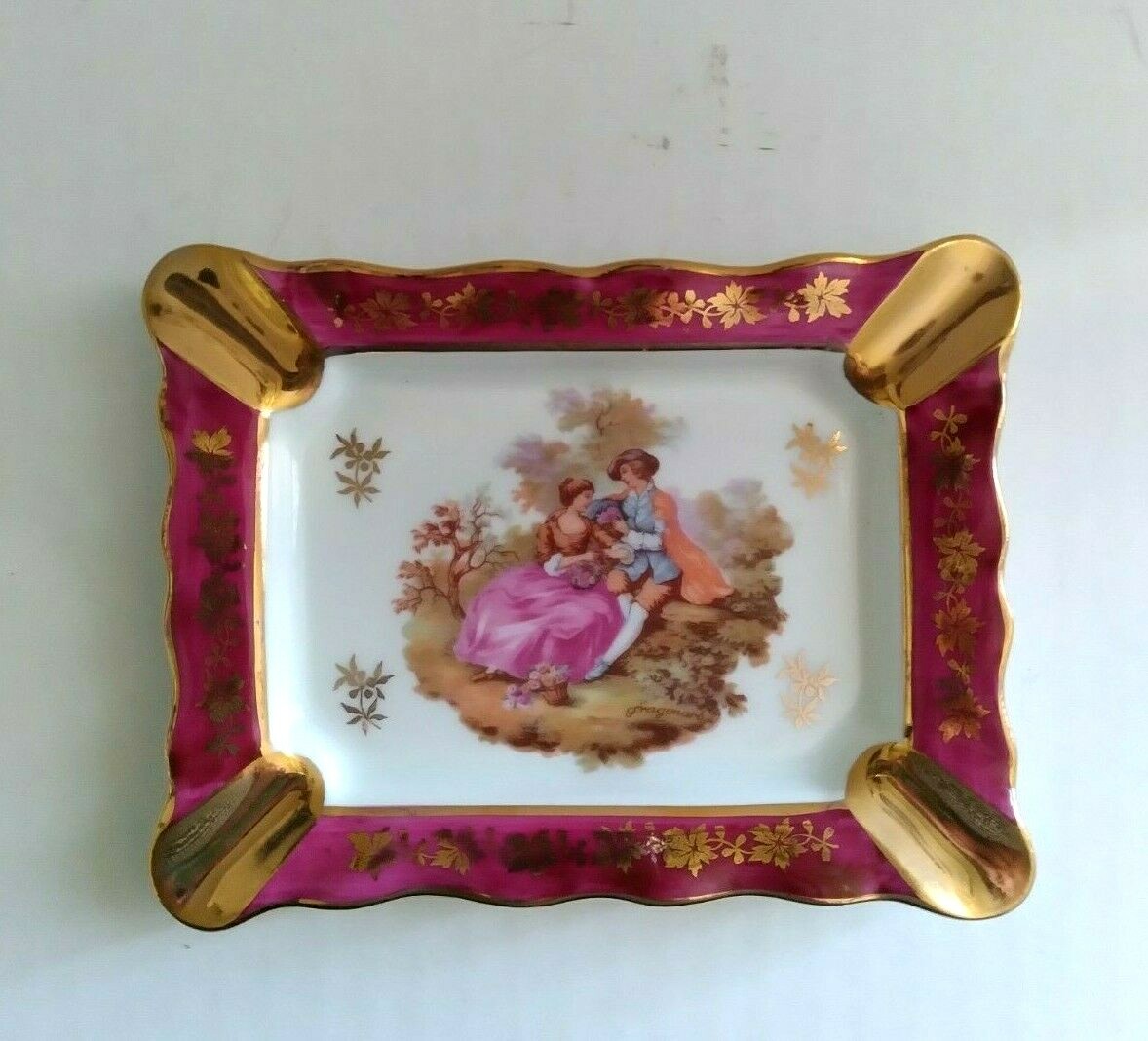 Vintage LIMOGES France Trinket Dish Ashtray Fragonard Scene Signed 5-1/8″x4″