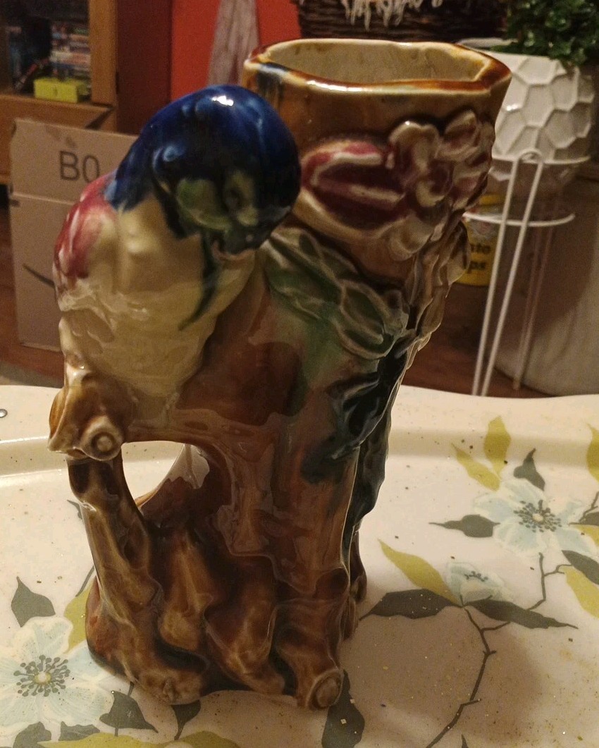 Vintage Japanese Figural Bird Flowering Tree Branch Large Majolica Pottery Vase