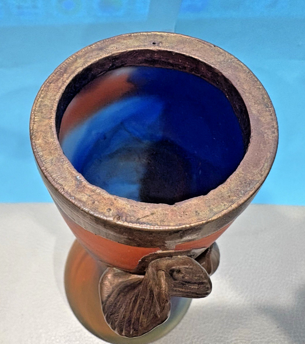 Hand Blown Satin Art Glass Multi Colored w/ Copper Leaf Plant – Vase 9” Tall