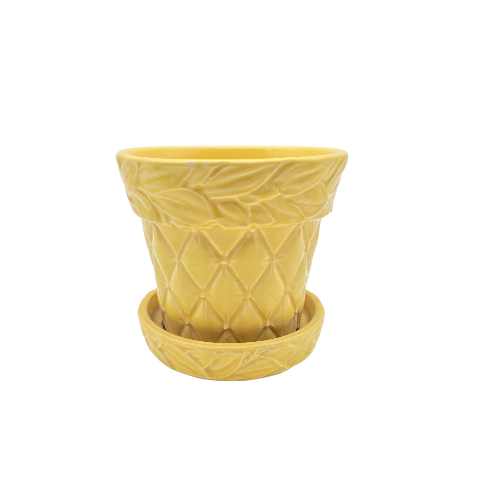 Vintage McCoy Yellow Quilted Leaves Pattern Planter with Attached Saucer 4.5″ T