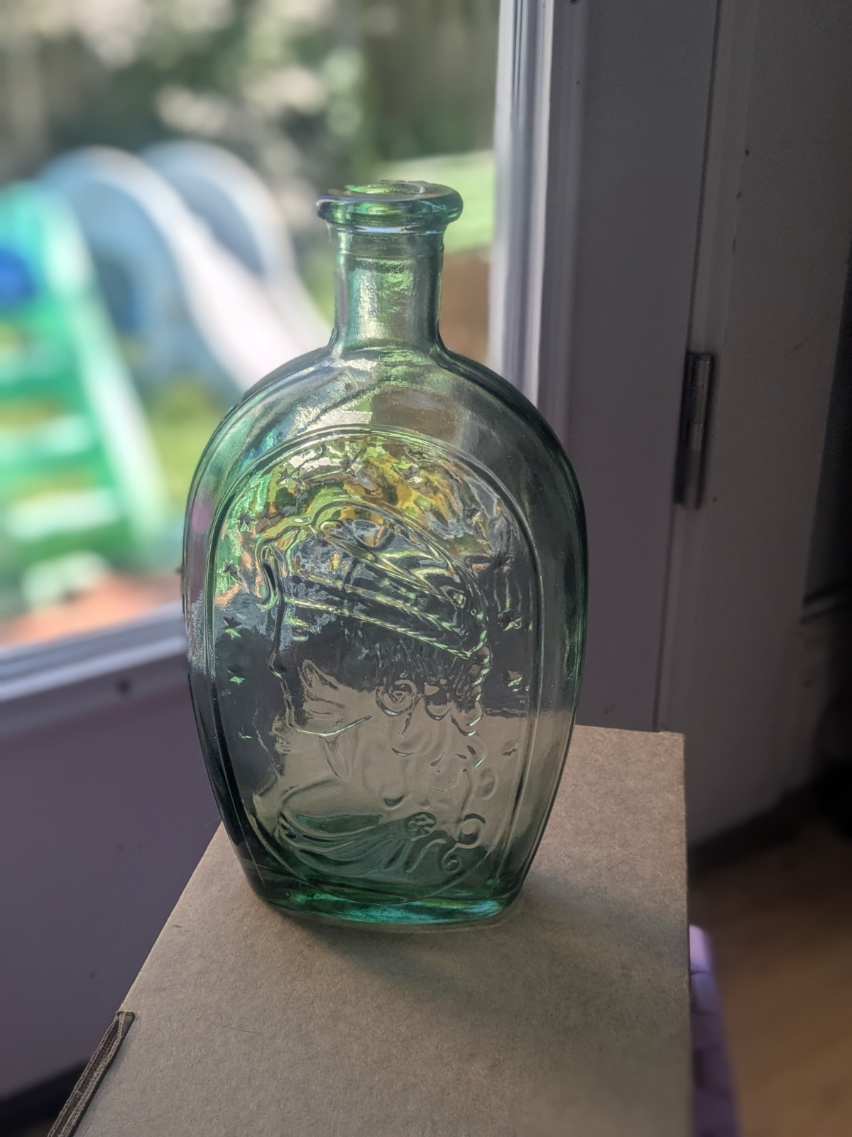 Vintage Wheaton Lady Liberty Eagle Shield Green Glass Flask Bottle