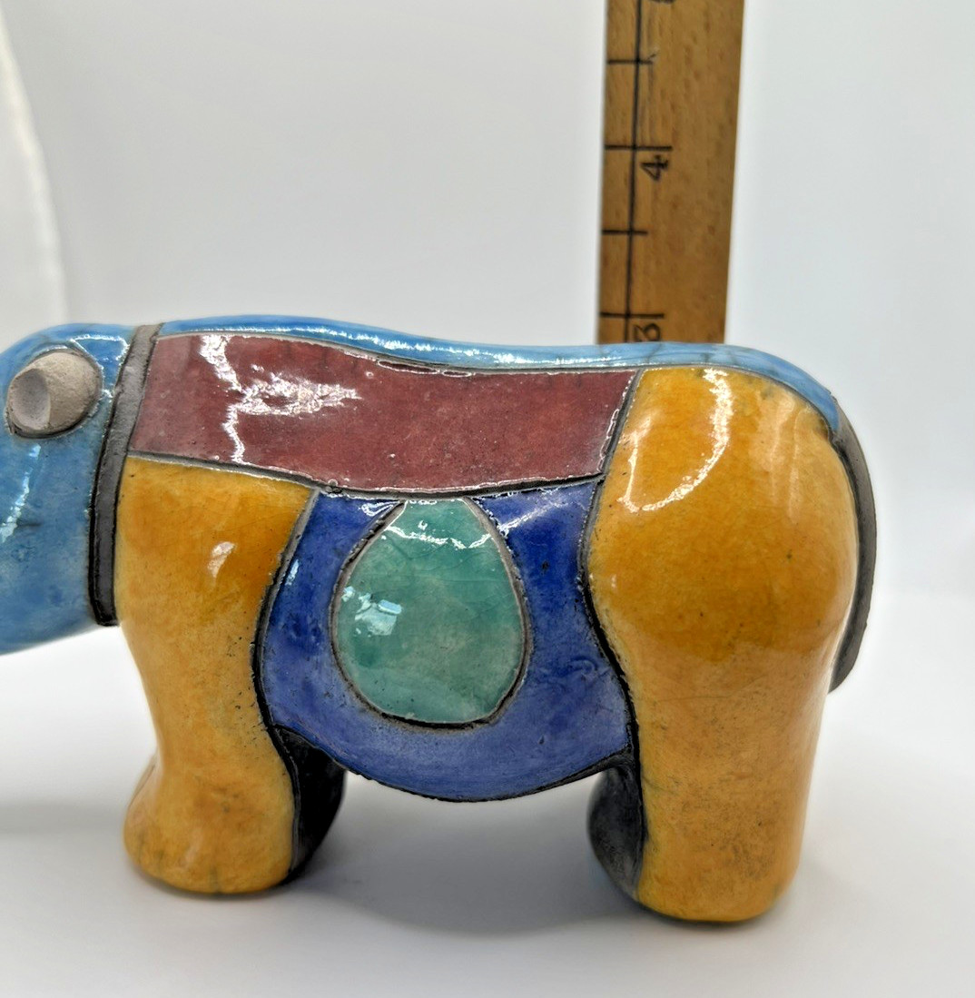 Raku Rhinoceros Figurine, Fenix Pottery, South Africa, Vintage, Handmade