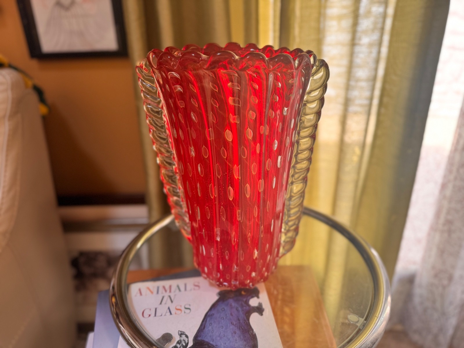 Barovier & Toso Murano Art Glass Vase Red Bullicante Gold Flecks 14″ Unsigned