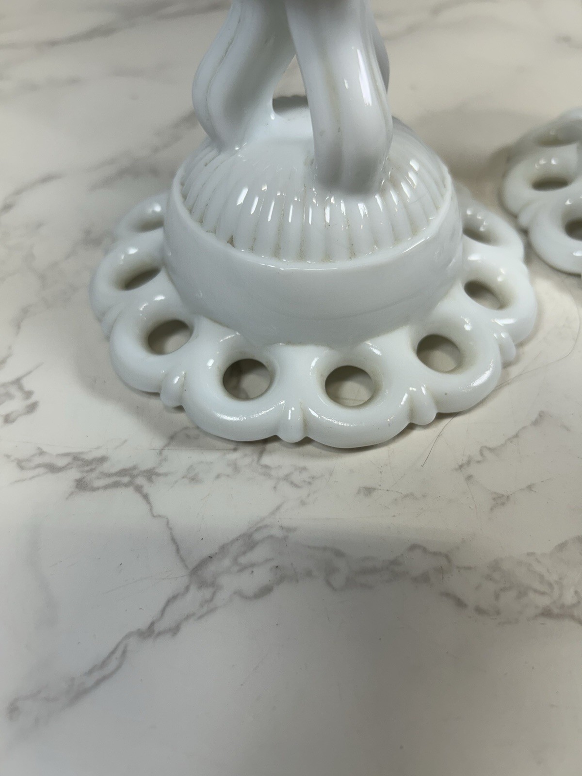 Vintage Pair Milk Glass Lace Candlestick Holders
