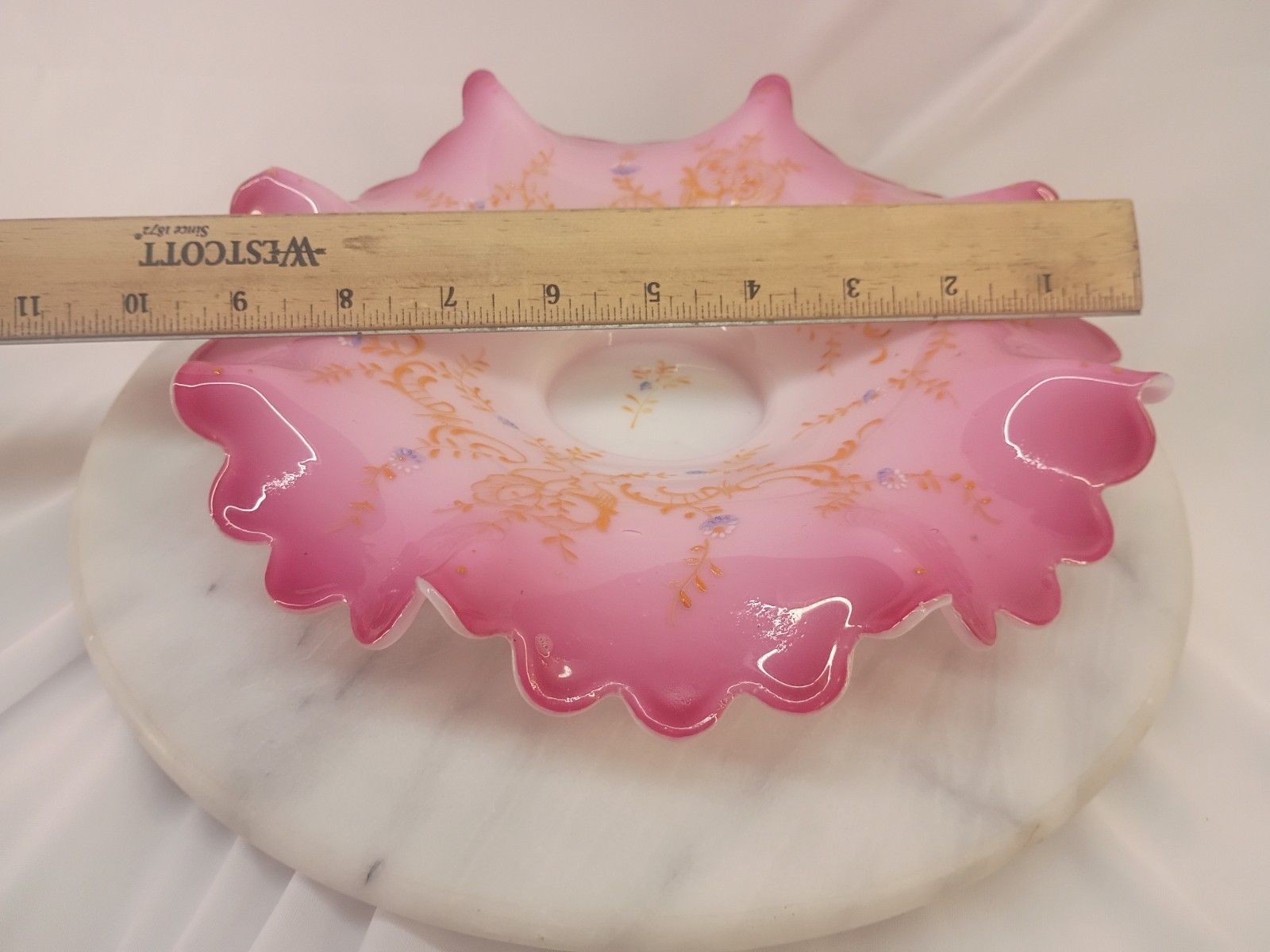 Antique Victorian Pink Peach Blow Cased Art Glass Bride’s Basket Bowl 9 3/4″