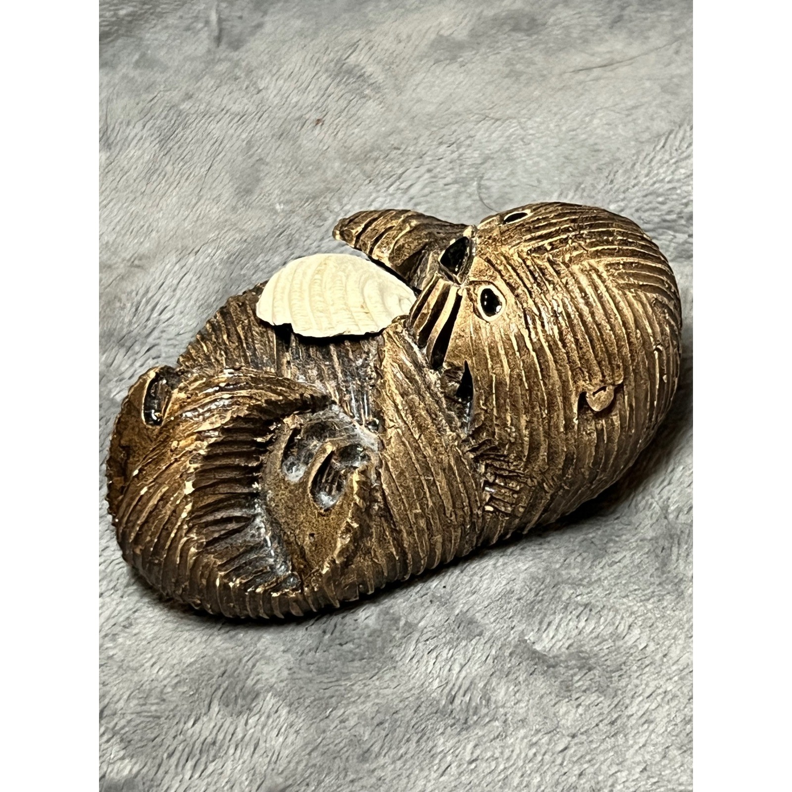 Vintage Sea Otter Figurine Shell Carving Signed Wood Resin Nautical 3in Ocean