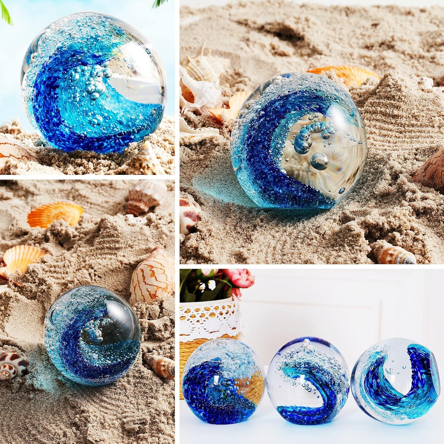 Hand Blown Glass Figurines Ball Ocean Waves,Paperweight Glass Ball,Home Decor Co