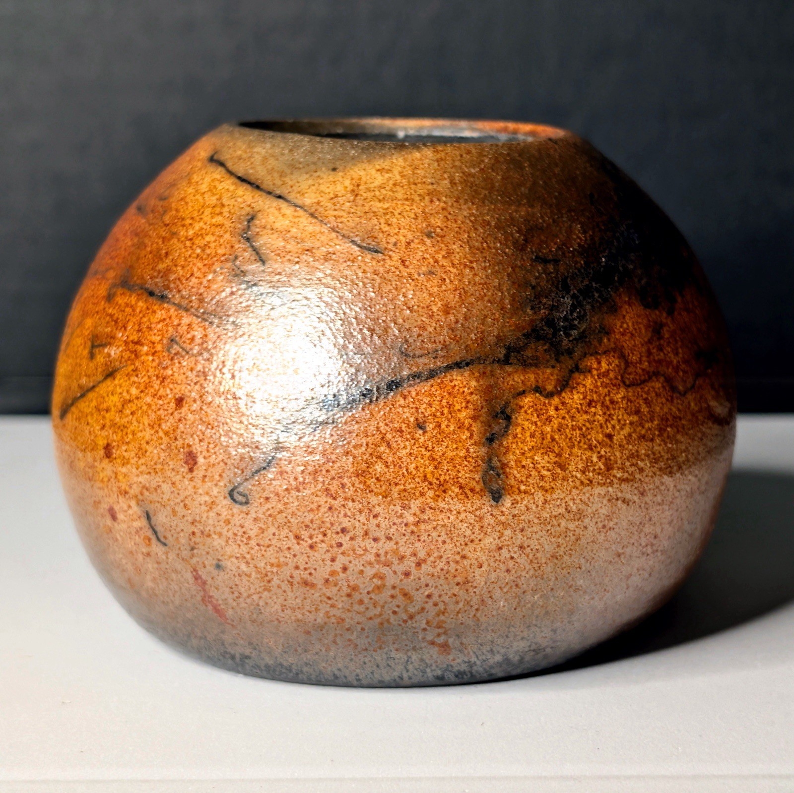 Small Raku Orb Shaped Vessel Metallic Copper Bronze Black Carbon Markings