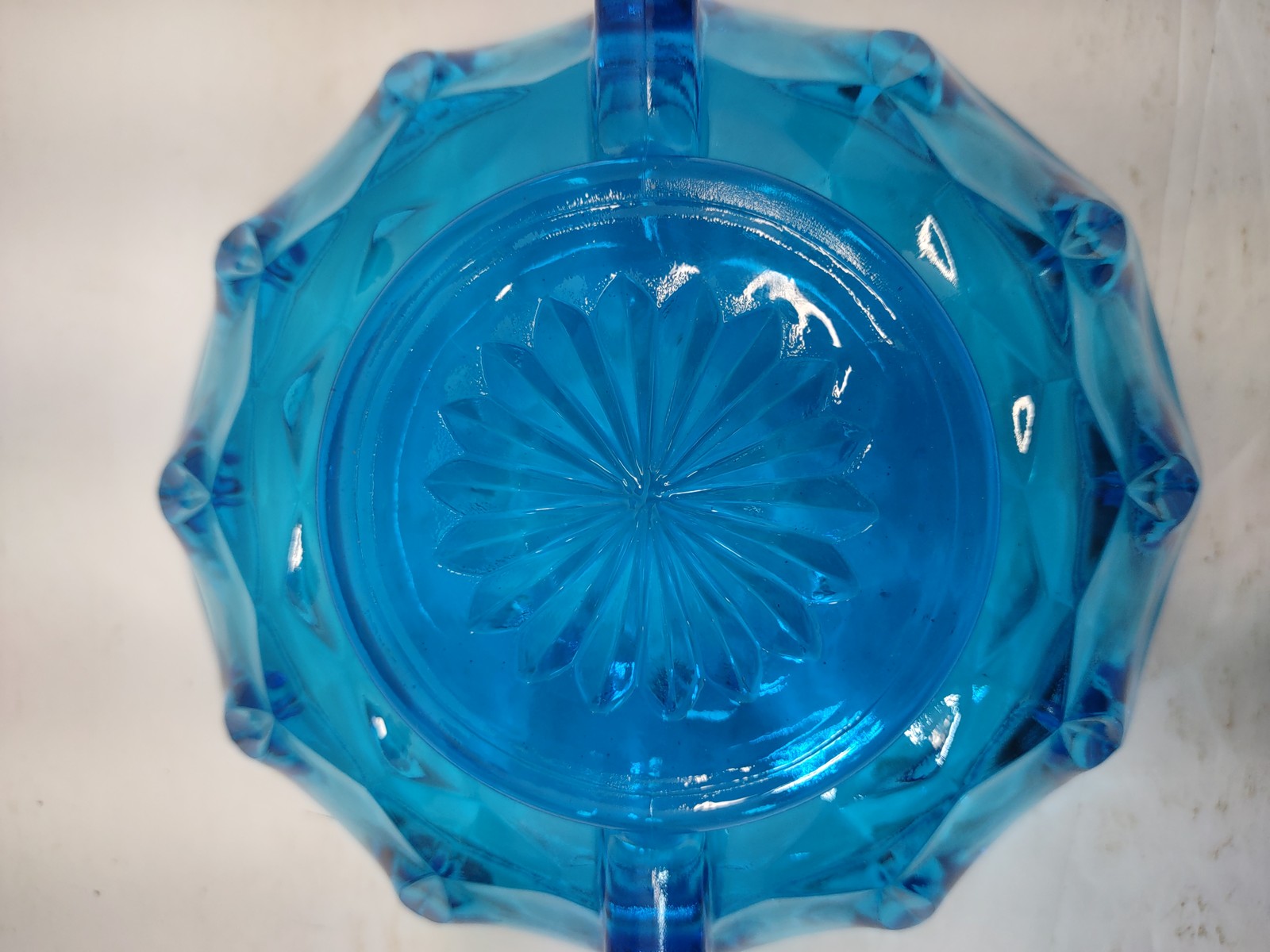 Vintage Depression Glass Blue Scalloped Footed Handled Bowl Dish Starburst