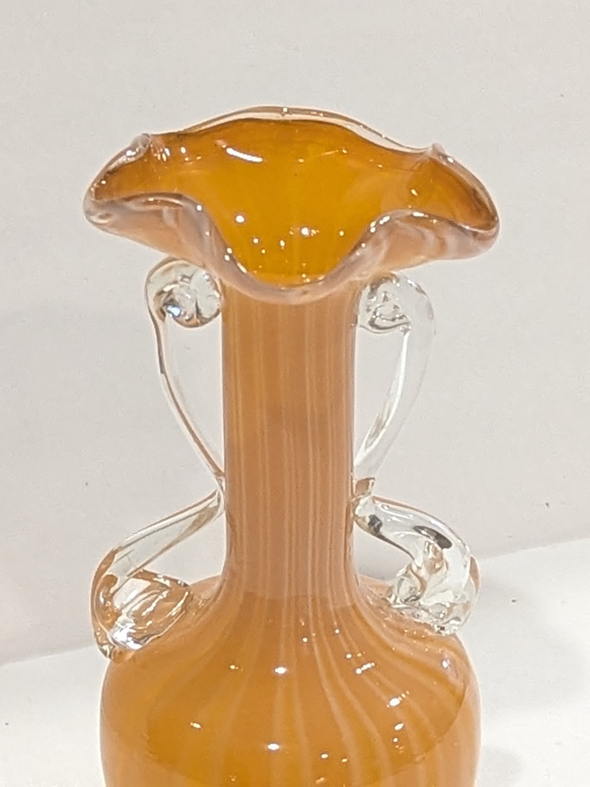 Vintage Murano Style Orange Peach White Striped Swirl Art Glass Bud Vase 6.25″