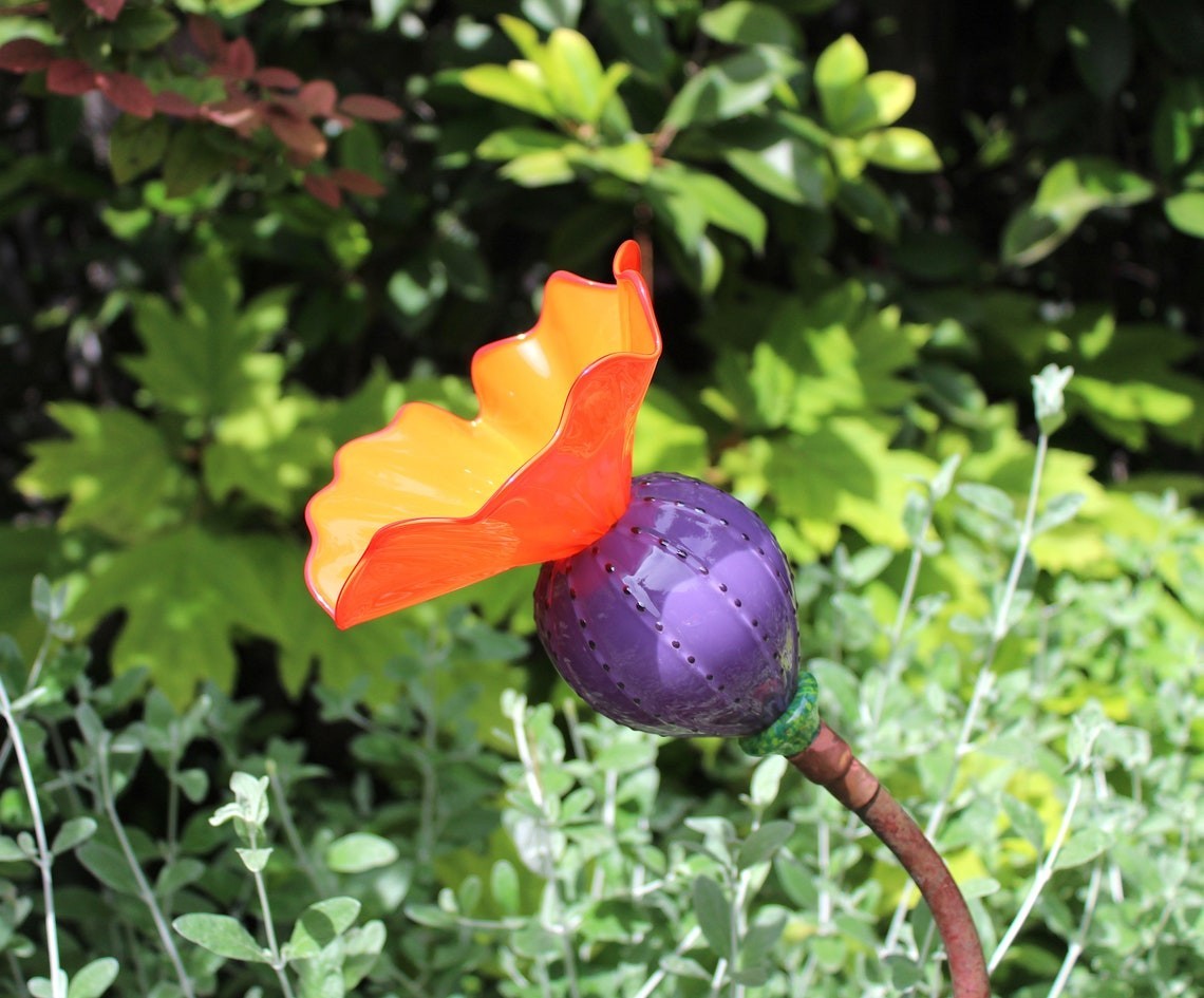 Blown Glass Purple/Orange Garden Flower