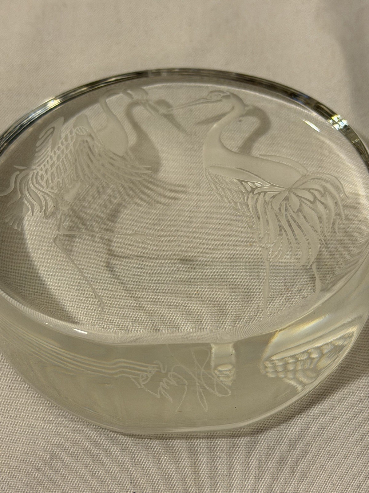 Vintage 2001 Lucas Century Signed Art Glass Paperweight – Etched Herons EUC