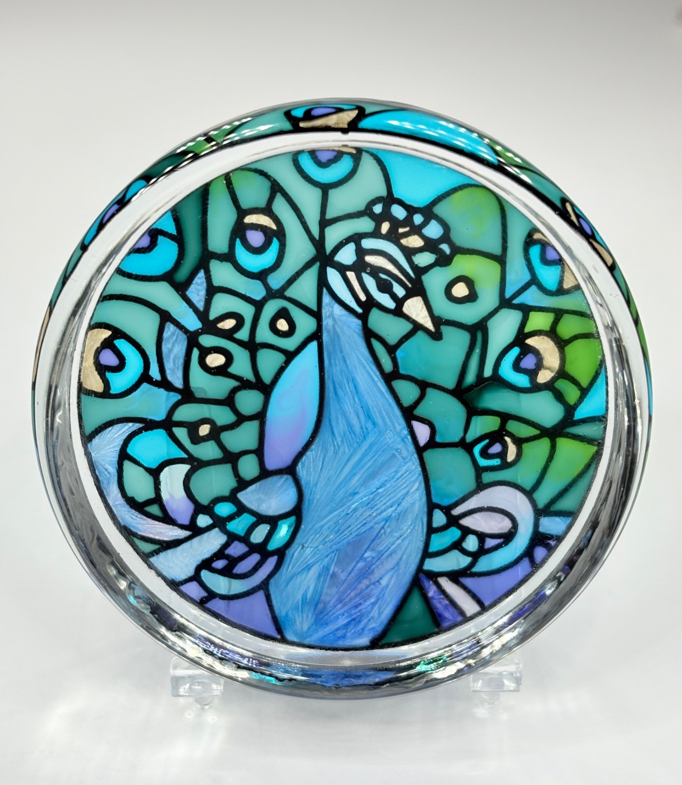 NOS Blue & Green Glass Peacock Paperweight ~ Hand painted ~ Joan Baker Designs
