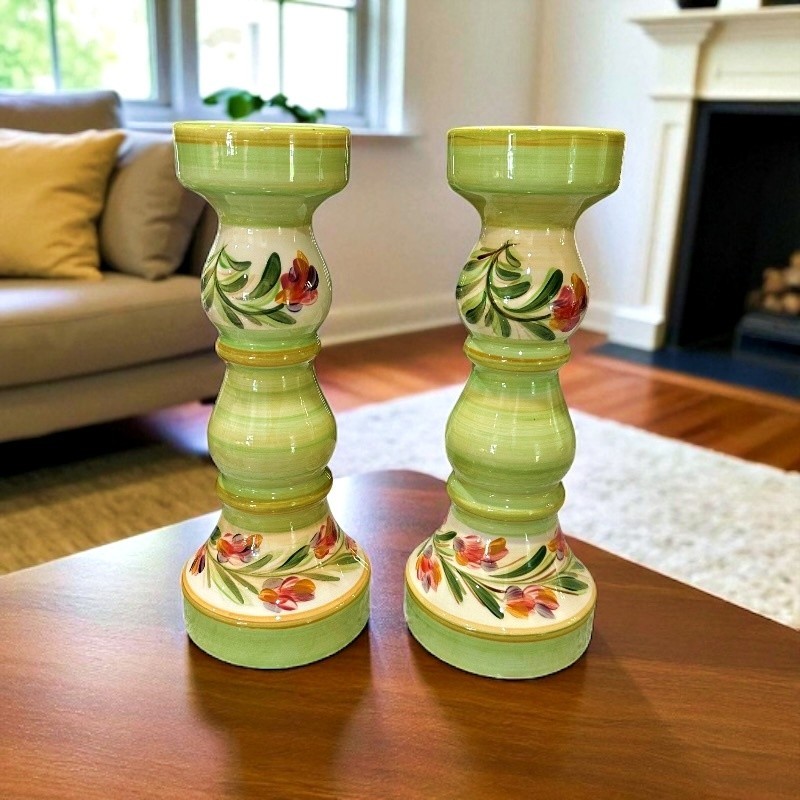 Gail Pittman Pottery EVE Candle Holders 12 Inch Hand Painted RARE Cottagecore