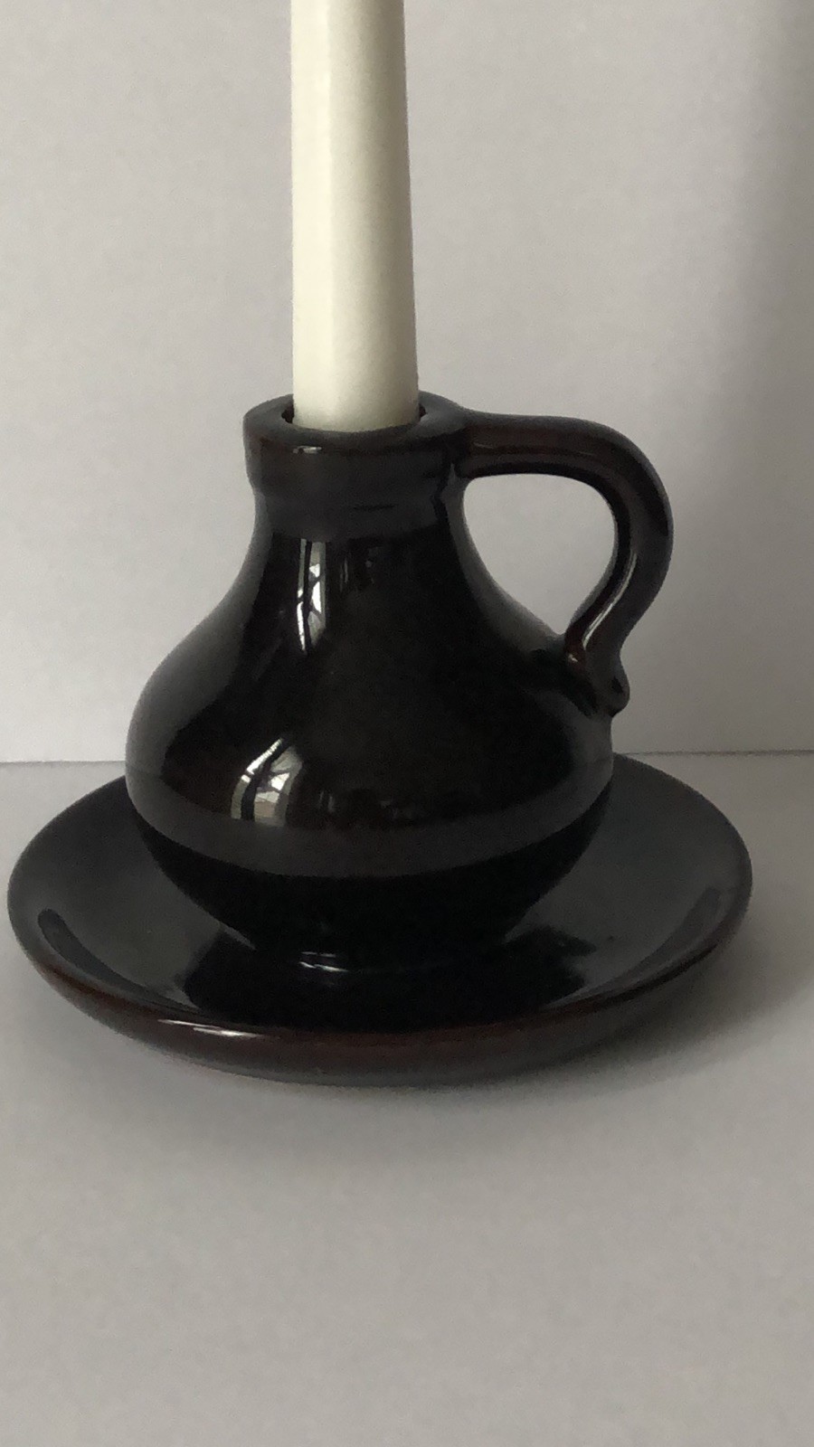 Vtg Redware Clay Pottery Candle Holder with HandleCandlestick Brown Glaze Japan