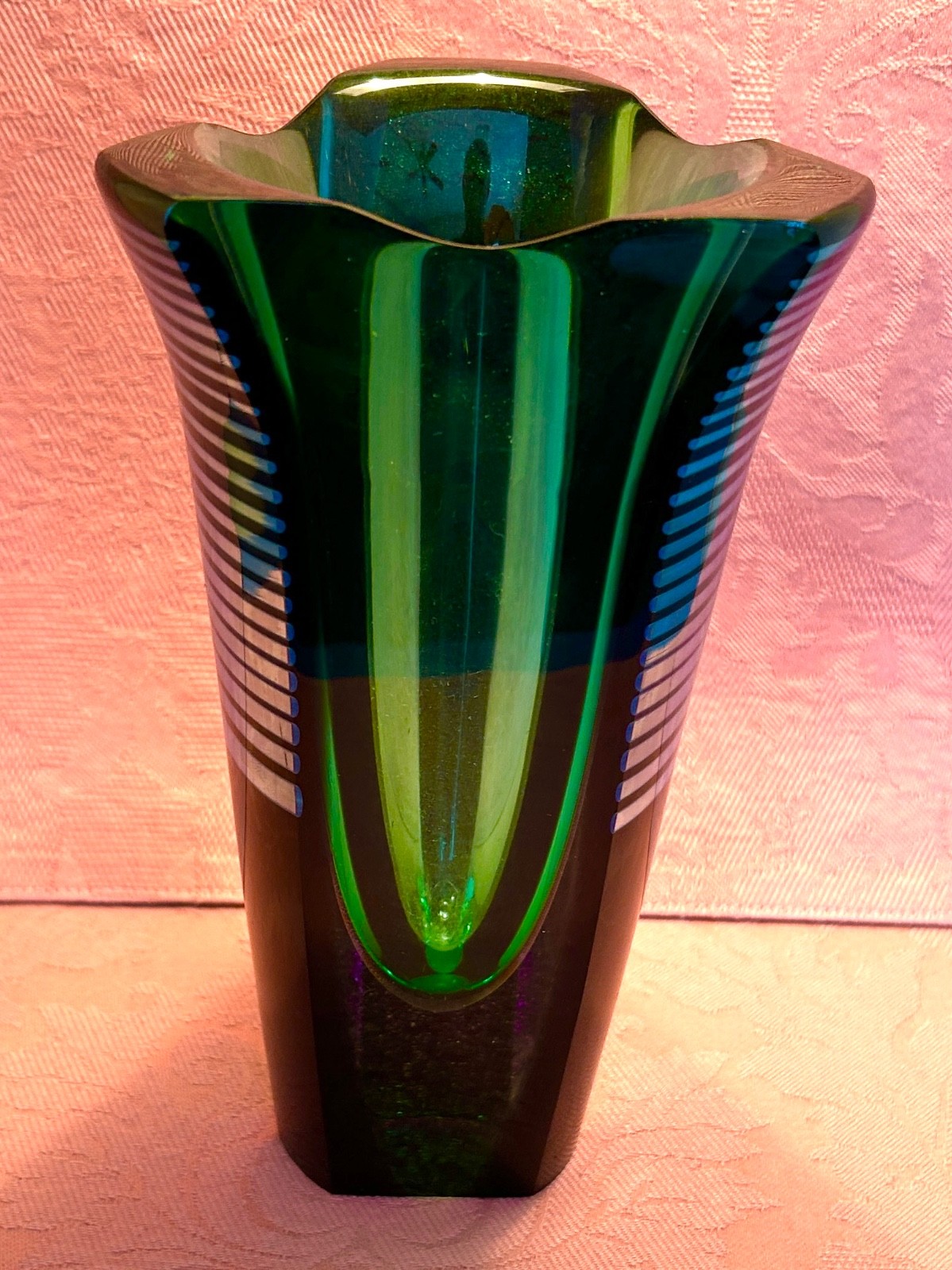 CORREIA ART GLASS VASE GREEN AND SILVER 6 SIDED SYMMETRICAL SHAPE LIMITED