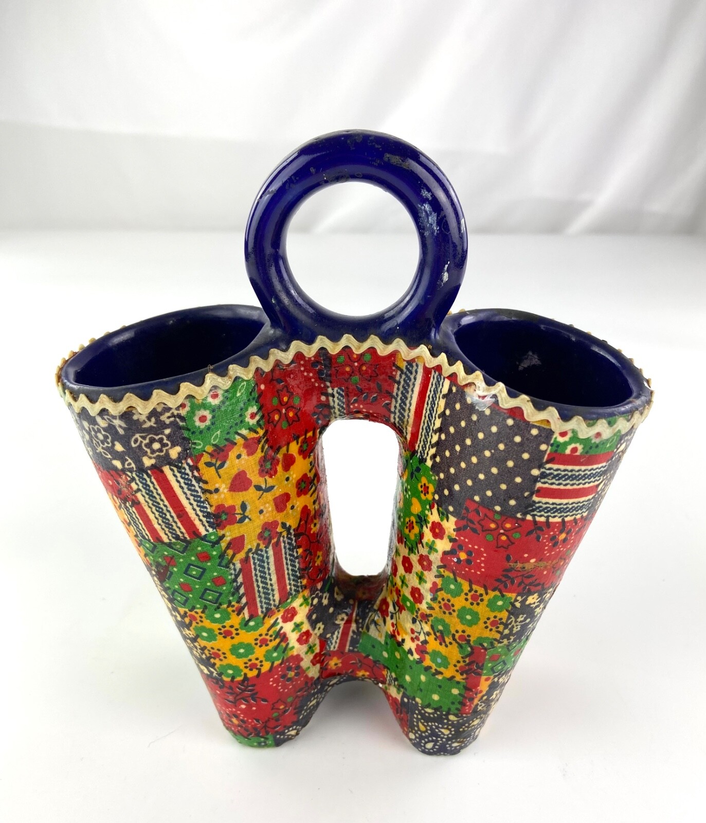 Vintage Patchwork Quilt Design Signed Ceramic Double Sided Vase Rare MCM