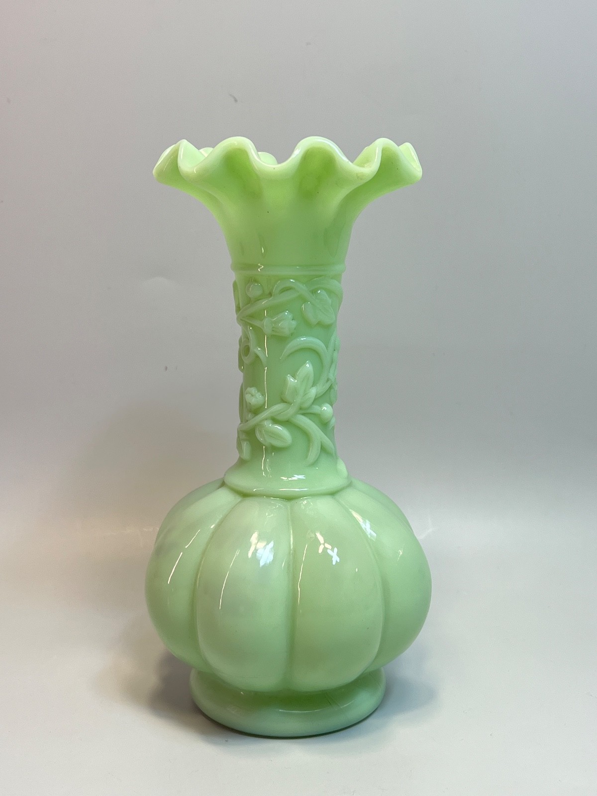 Antique French Portieux Green Opaline Molded Glass Vase
