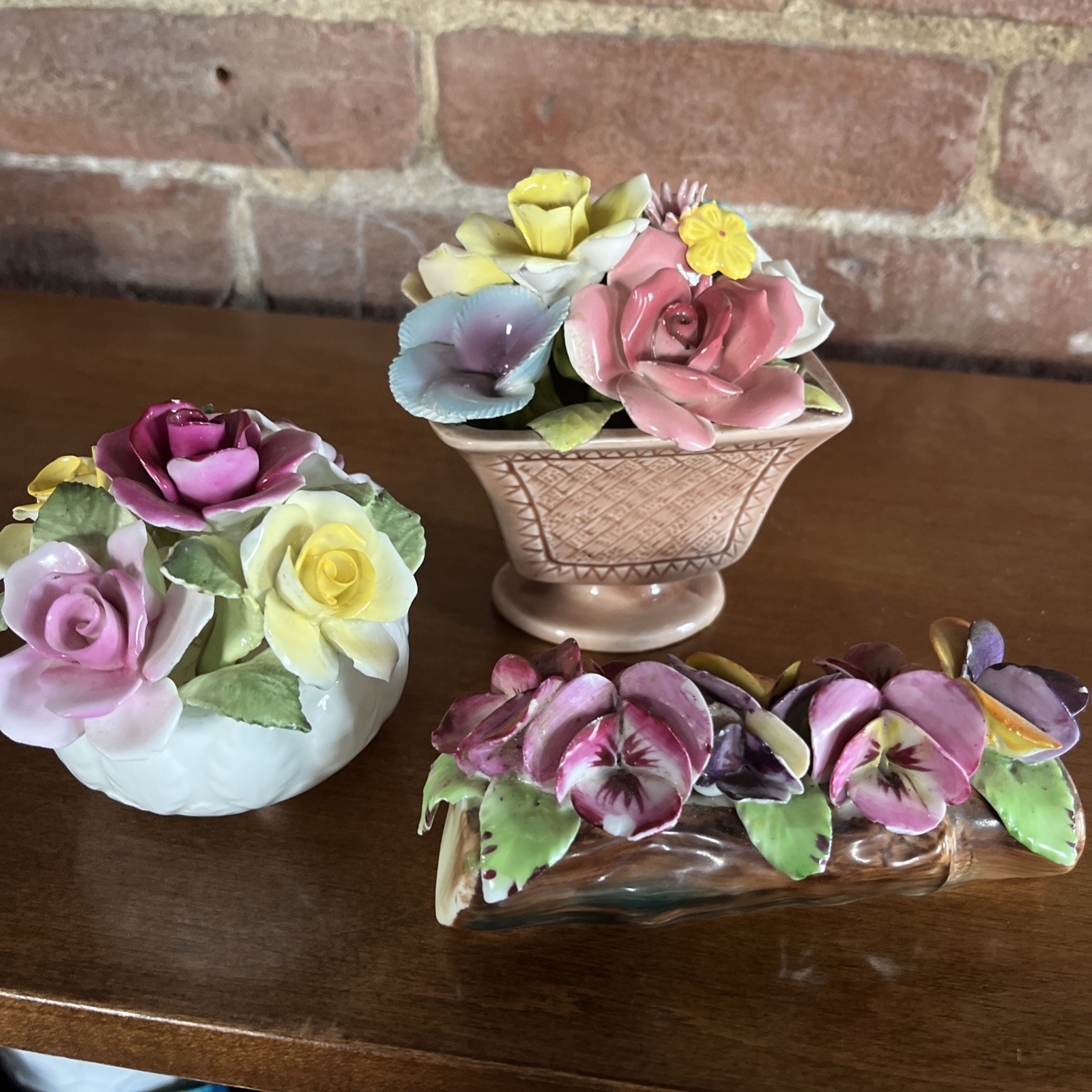 Lot Of 3 Porcelain Hand Molded Flower Baskets Log Floral Pansies Roses Decor