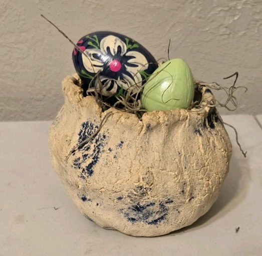 Pottery Bowl With Two Easter Eggs Floral Rustic Decorative Basket