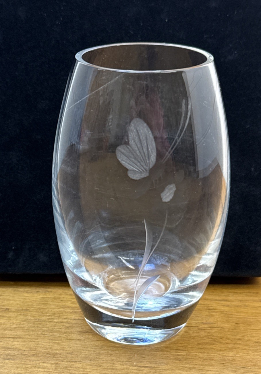 Contemporary Clear Glass Vase Etched Butterfly Floral Design Heavy Base