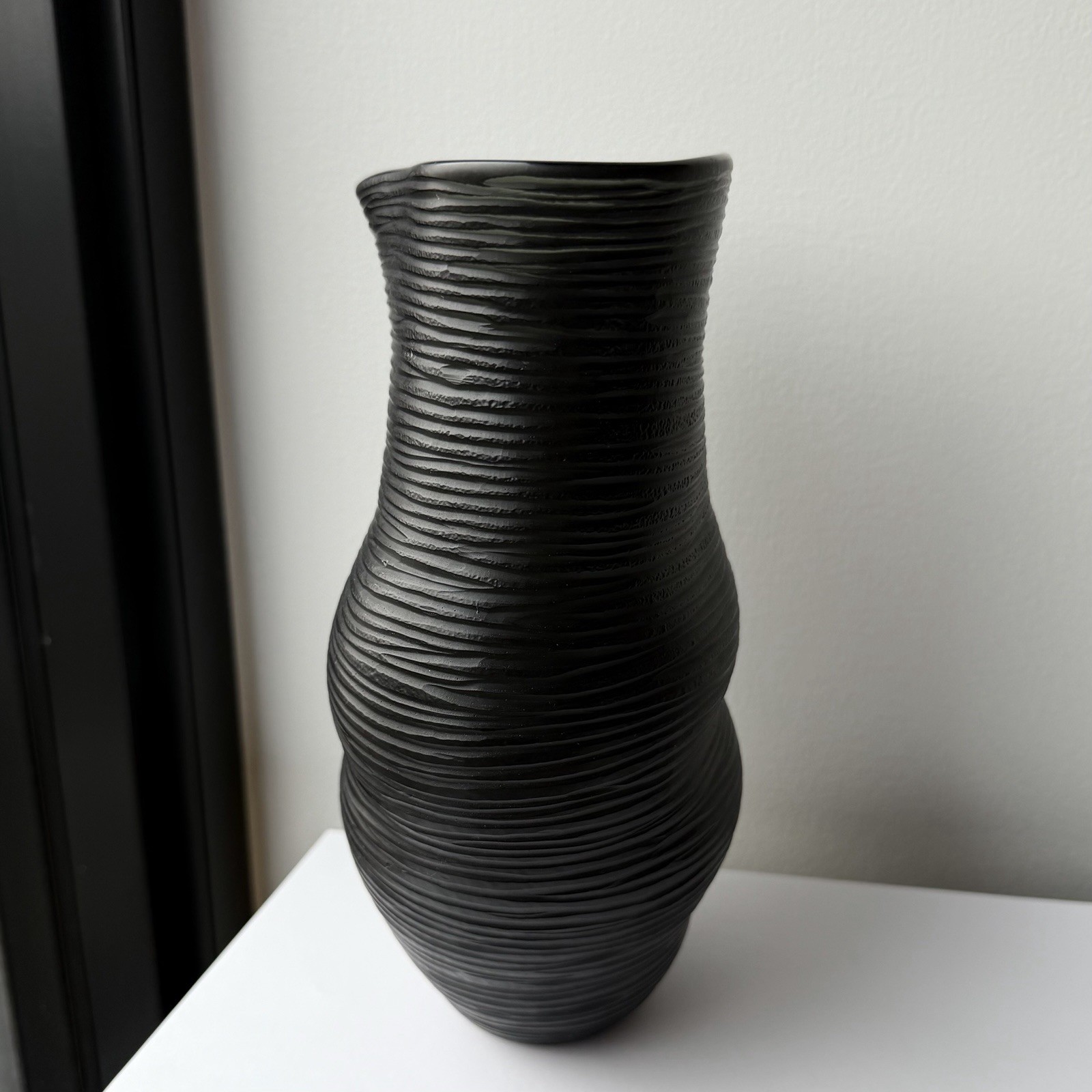 Marianne Buus (Danish, B.1967) Art Glass Black Coil Vase 8 1/2″ Curved Form